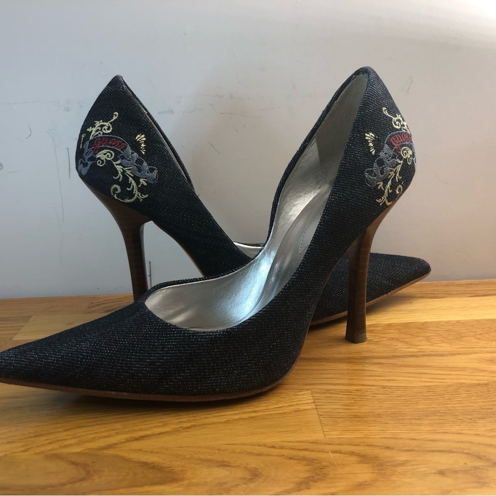 Guess by Marciano Black Embroidered Pointed Toe Stiletto Heels